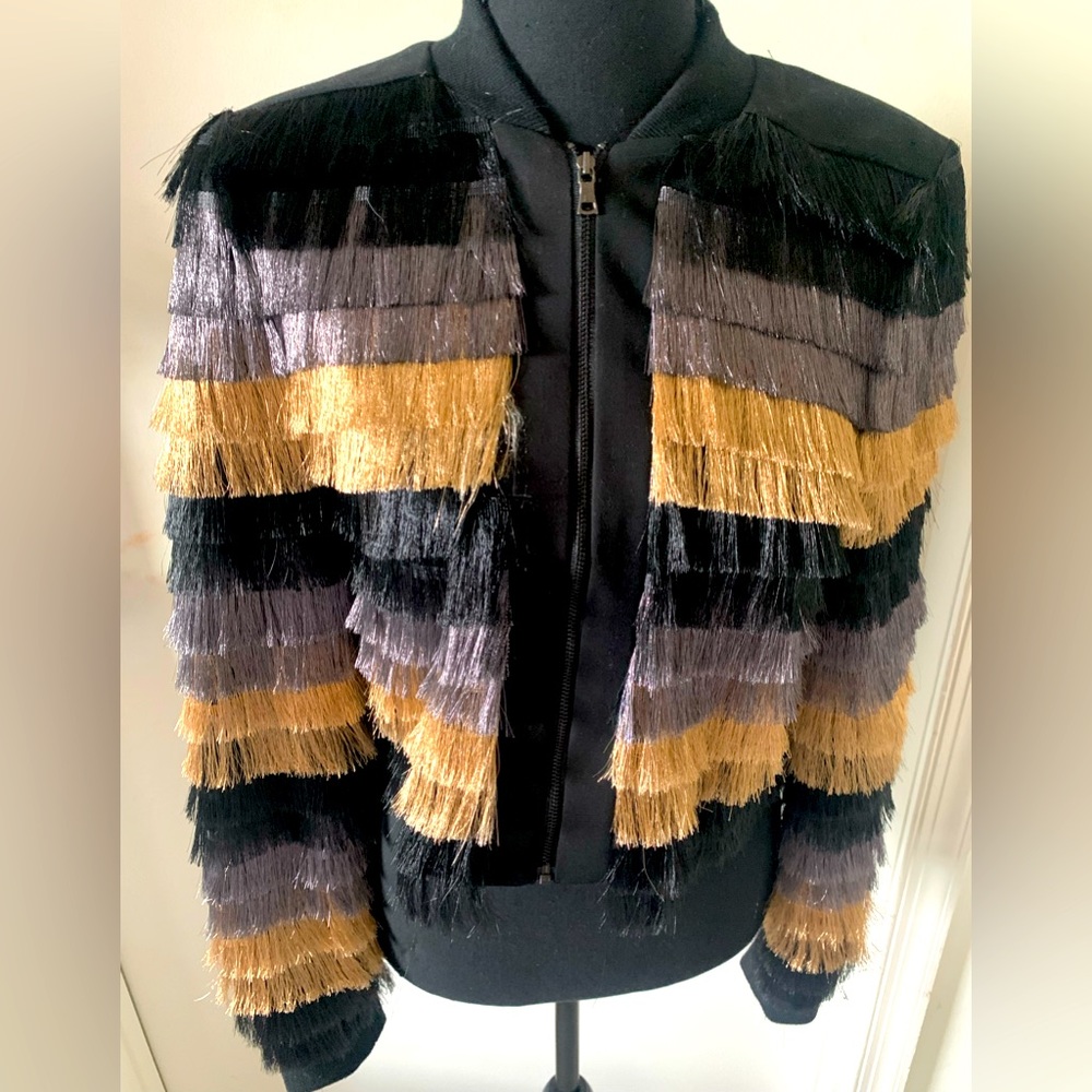 BCBG MaxAzria Colorblock Fringe Jacket